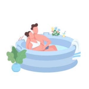 An animated man and woman in a small pool while the woman gives birth
